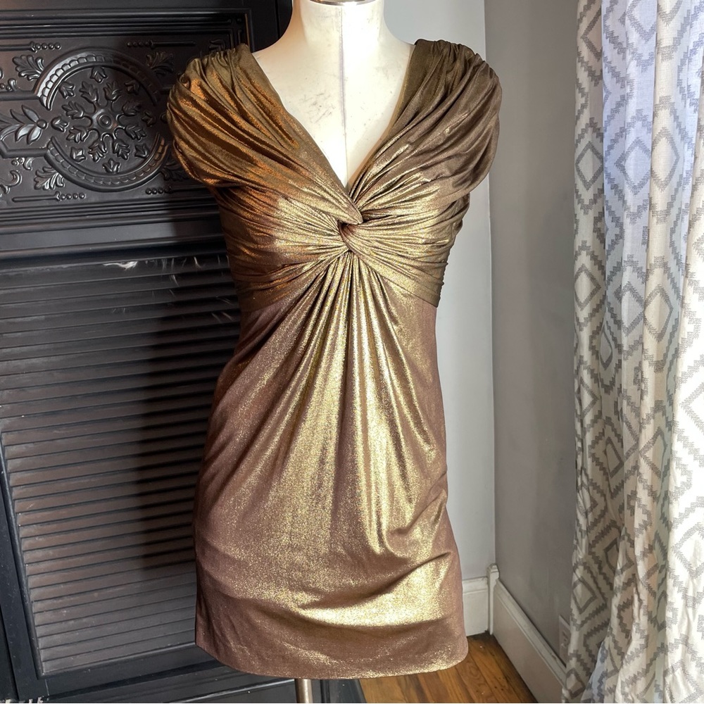 Tadashi Womens Knot Cocktail Bodycon Stretch Dress Bronze Gold XS